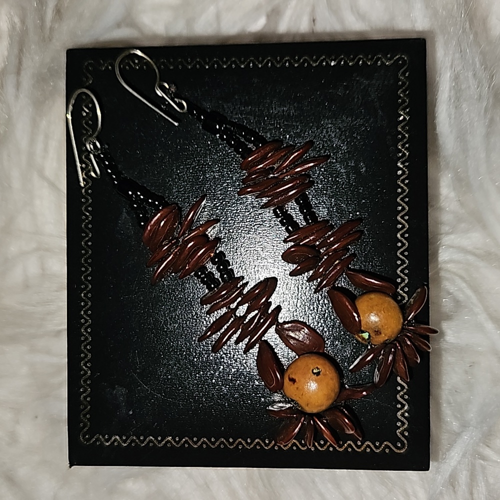 Brown Natural Bead Dangle Earrings – 3” Earthy Boho Style